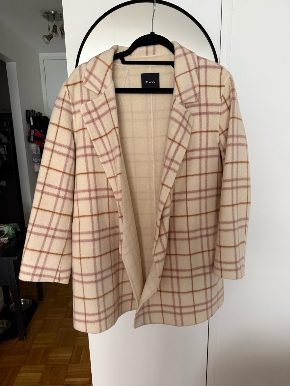 Theory Cream Plaid Wool-Blend Pea Coat with Pink & Tan Windowpane
